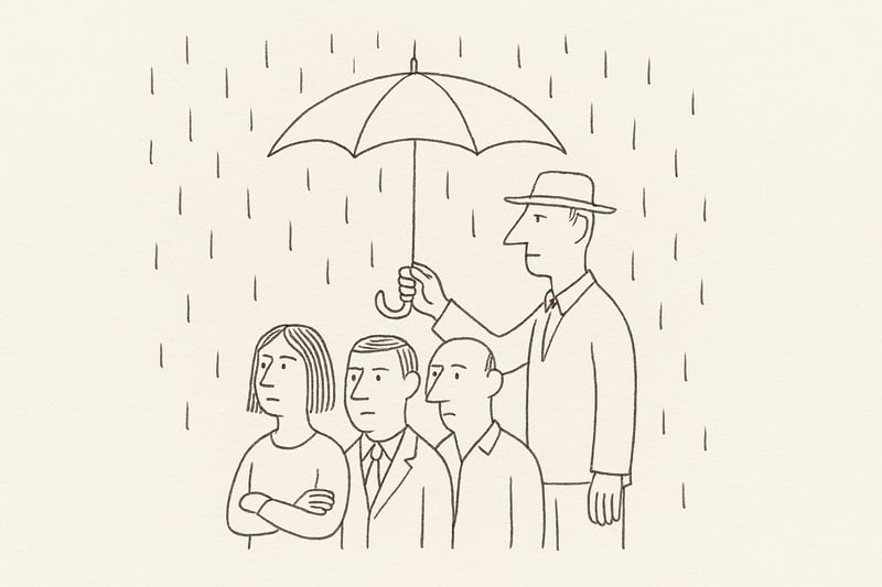 Monochrome line art of a worker quietly holding an umbrella over teammates in light rain, conveying calm care and the often unseen effort that protects teams.